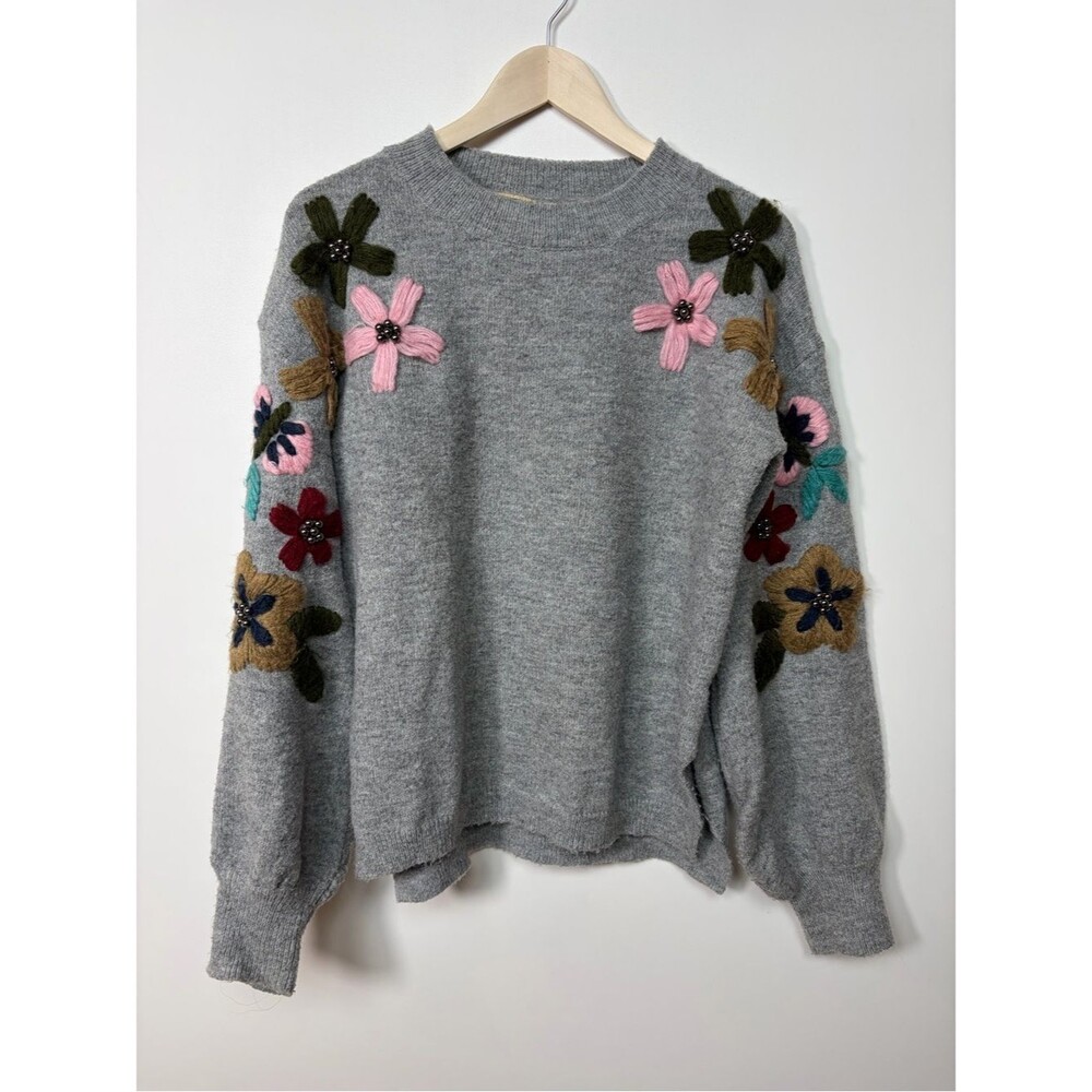 VINTAGE CONCEPT- Gray Women’s Sweater Wool Blend Floral Detail Size Large